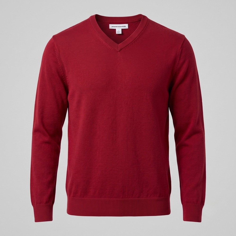 Amazon Essentials Mens Large Red Sweater V-Neck Long Sleeve Cotton Classic Knit